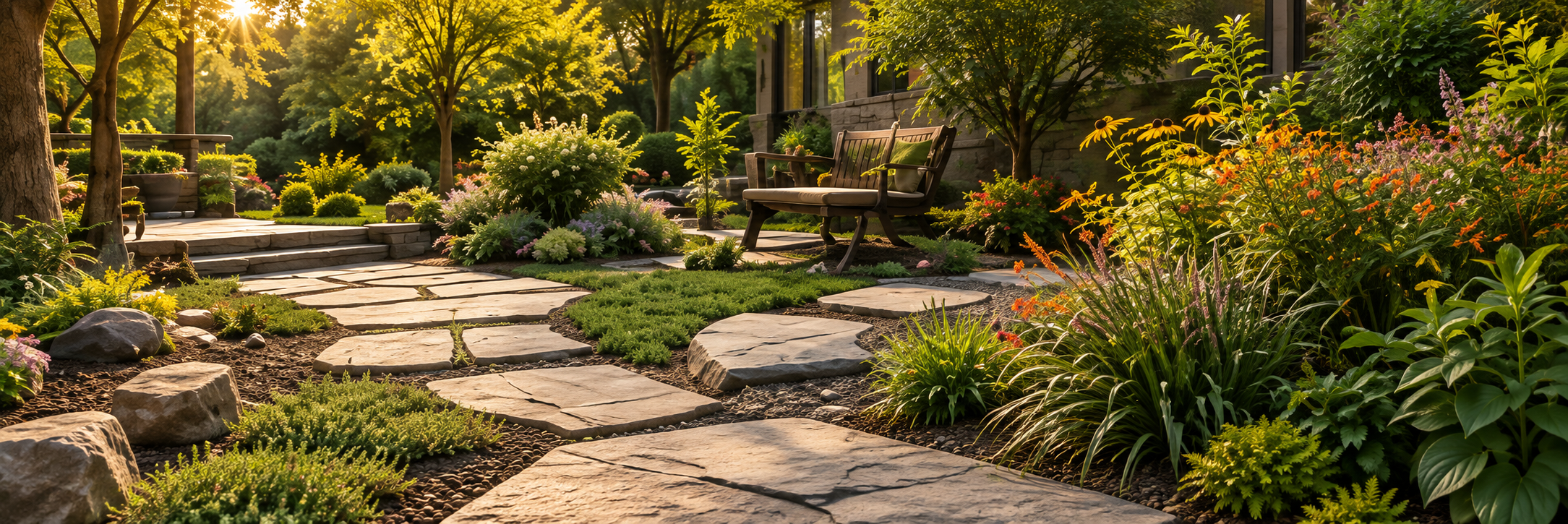 A landscaped backyard and stone patio