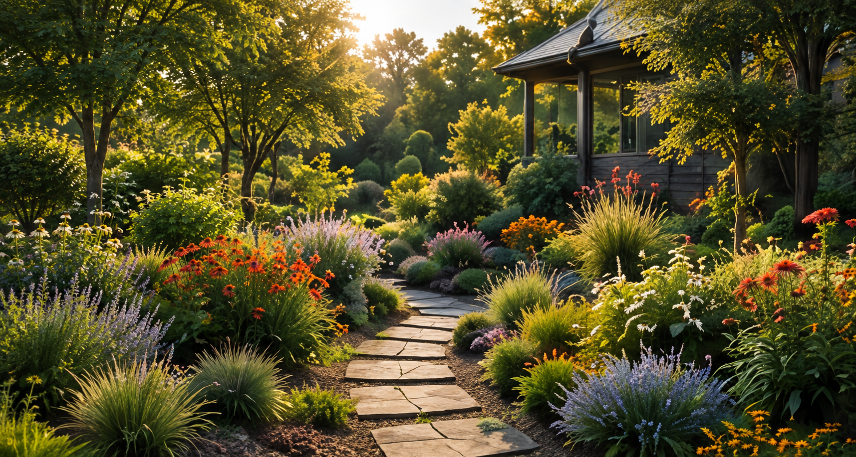 A stone path through a flowering garden beside a home