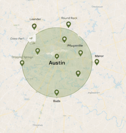 Map of Austin and the surrounding service area